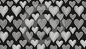 Symmetrically distributed small chalk-drawn hearts on a black background, wallpaper.