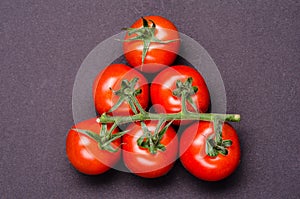 Symmetrically positioned tomatoe ripe on a grey background