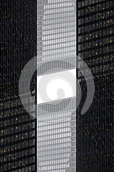 symmetry and mirrored geometry pattern, reflected skyscrapers and modern buildings abstract background, lines and tunnel
