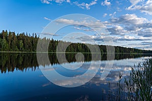 symmetry and Reflection of sky, clouds and trees in lake water