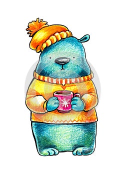 Sympathetic blue bear in an orange sweatshirt and a winter hat holds coffee in a red mug. Ilustration on a white background.