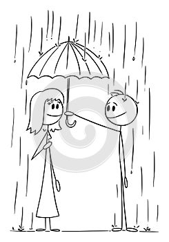 Sympathetic Gentleman With Umbrella Helps Woman in Rain , Vector Cartoon Stick Figure Illustration