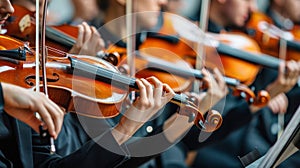 Symphonic orchestra performing a classical music concert on stage with professional musicians