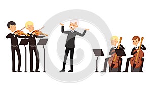 Symphonic Orchestra Playing Classical Music Performing on Stage, Conductor and Musicians Playing Violins Cello Cartoon photo