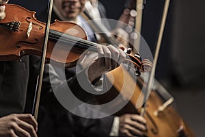 Symphonic string orchestra performing on stage