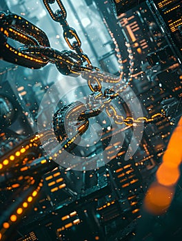 A symphony of blockchain nodes connect, distributing information to validate and fortify the network\'s unbreakable chain photo