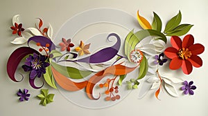 A symphony of colors unfolds in this dynamic paper craft artwork, where flowers and swirls combine to form a lively and