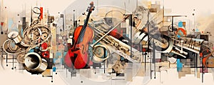 symphony of musical notes and instruments on an abstract background, harmoniously blending sound panorama