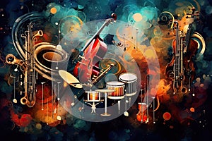 symphony of musical notes and instruments on an abstract background, harmoniously blending sound