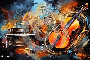 symphony of musical notes and instruments on an abstract background, harmoniously blending sound