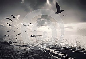 Symphony of Nature: Birds in Flight Over the Tranquil Waters, Where a Boat Rests in Peace