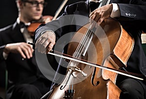 Symphony orchestra performance: celloist close-up