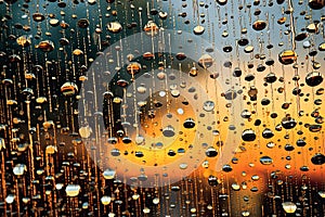 symphony of raindrops falling on a glass surface, distorting and refracting the world in shimmering patterns