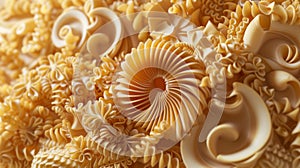A symphony of shapes and sizes the pasta twirls interlock and overlap to form a beautiful and dynamic mosaic of textures photo