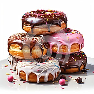 Symphony of Sweetness - A Delectable Array of Six Vibrantly Glazed Donuts on a White Background - generative AI