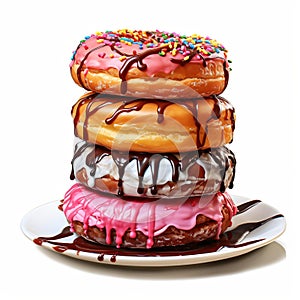 Symphony of Sweetness - Four Delectable Donuts on a Gleaming White Plate - generative AI