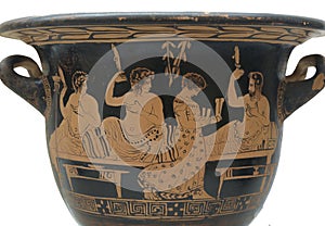 Symposium. A female entertains men at a symposium on this Attic red-figure bell-krater photo