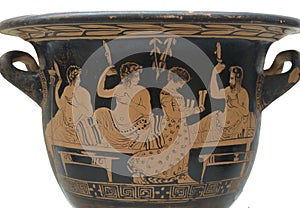 Symposium. A female entertains men at a symposium on this Attic red-figure bell-krater