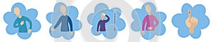 Symptom of disease. Runny nose, cut finger, abdominal pain, perspiration, high temperature, thermometer, patient. Vector icons.