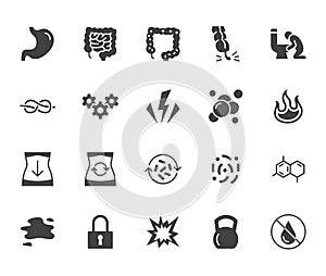 Symptoms of abdominal disease flat glyph icons set. Stomach pain, appendicitis, heartburn, spasm, diarrhea vector