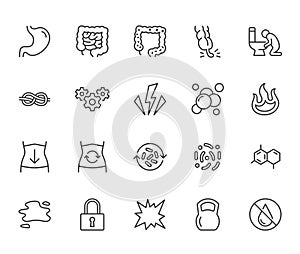 Symptoms of abdominal disease flat line icons set. Stomach pain, appendicitis, heartburn, spasm, diarrhea vector