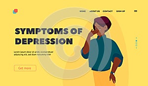 Symptoms of Depression Landing Page Template. Upset Girl in Bad Mood, Grief or Sadness. Unhappy Young Crying Woman