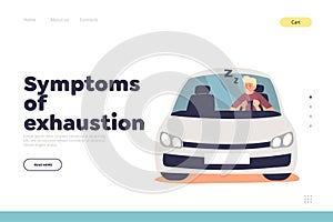 Symptoms of exhaustion concept of landing page with sleepy tired man driving car feel drowsy