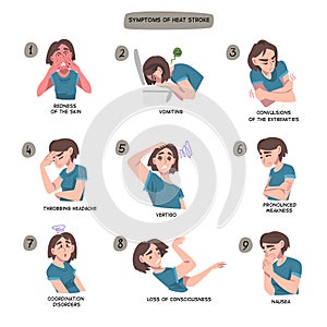 Symptoms of Heart Stroke Set, Woman Suffering from Nausea, Vomiting, Convulsions of the Extremities, Pronounced Weakness