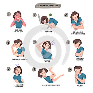 Symptoms of Heart Stroke Set, Woman Suffering from Nausea, Vomiting, Convulsions of the Extremities, Pronounced Weakness photo