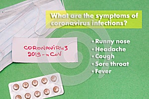 Symptoms of the new 2019-nCoV coronovirus. Respiratory masks and medicines on a green background. A new outbreak in China