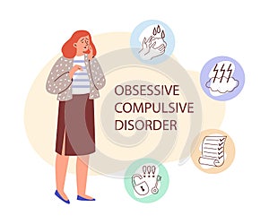 Symptoms of obsessive compulsive disorder OCD syndrome, flat vector illustration.