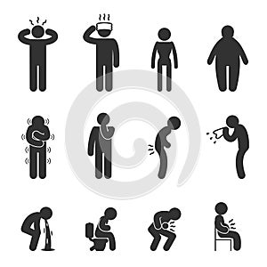 Symptoms of people disease icons. Sick and ill photo