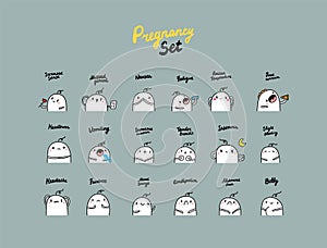 Symptoms of pregnancy set hand drawn illustration with cute marshmallow