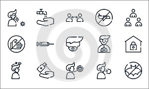 Symptoms virus line icons. linear set. quality vector line set such as avoid, sore throat, headache, breath, sanitizer, dont touch