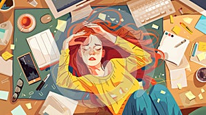 Symptoms of working burnout, worn out girl lying on messy desk with trash, spilled coffee, and documents near computer