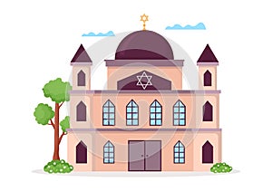 Synagogue Building or Jewish Temple with Religious, Hebrew or Judaism and Jew Worship Place in Template Hand Drawn Illustration