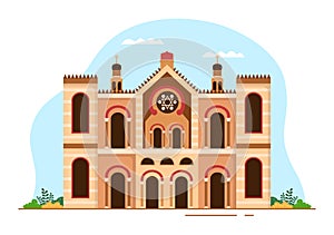 Synagogue Building or Jewish Temple with Religious, Hebrew or Judaism and Jew Worship Place in Template Hand Drawn Illustration