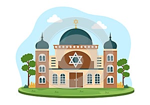 Synagogue Building or Jewish Temple with Religious, Hebrew or Judaism and Jew Worship Place in Template Hand Drawn Illustration