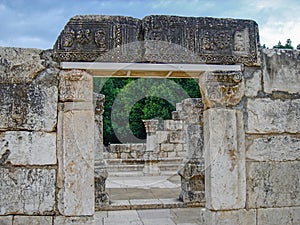 The synagogue columns at Capernaum, Galilee, Israel