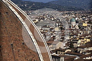 Synagogue Florence Aerial view cityscape from giotto tower detail near Cathedral Santa Maria dei Fiori, Brunelleschi Dome Italy