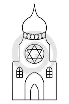 Synagogue tower. Sketch. The building is decorated with the Star of David. Doodle style