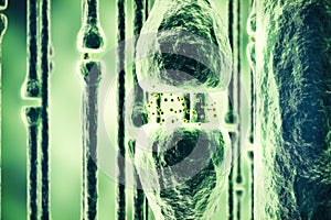 Synapse and Neuron cells sending electrical chemical signals. 3d rendering