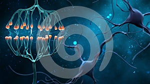 Synapse and Neuron cells sending electrical chemical signals. Digital synapse illustration on blue background photo