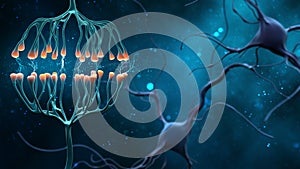 Synapse and Neuron cells sending electrical chemical signals. Digital synapse illustration on blue background