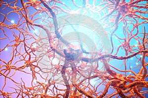 Synapse and neurons in the human brain. Sending chemical and electrical signals, human nervous system. 3D illustration, 3D