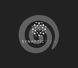 Synapse structure, abstract vector logo concept. Synaptic tech emblem, isolated icon on white background. Round dot