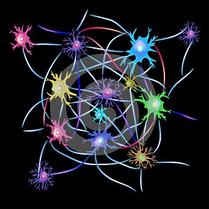 Synapses of neurons. Neural communications background. Synapse communication neuron. Vector illustration on black