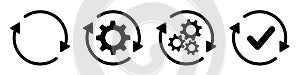 Sync process, icon reload set, circle arrow with gear wheel, recycling recurrence, renewal sync processing icons - vector