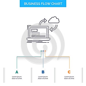 sync, processing, data, dashboard, arrows Business Flow Chart Design with 3 Steps. Line Icon For Presentation Background Template