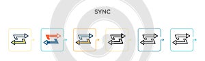 Sync vector icon in 6 different modern styles. Black, two colored sync icons designed in filled, outline, line and stroke style.